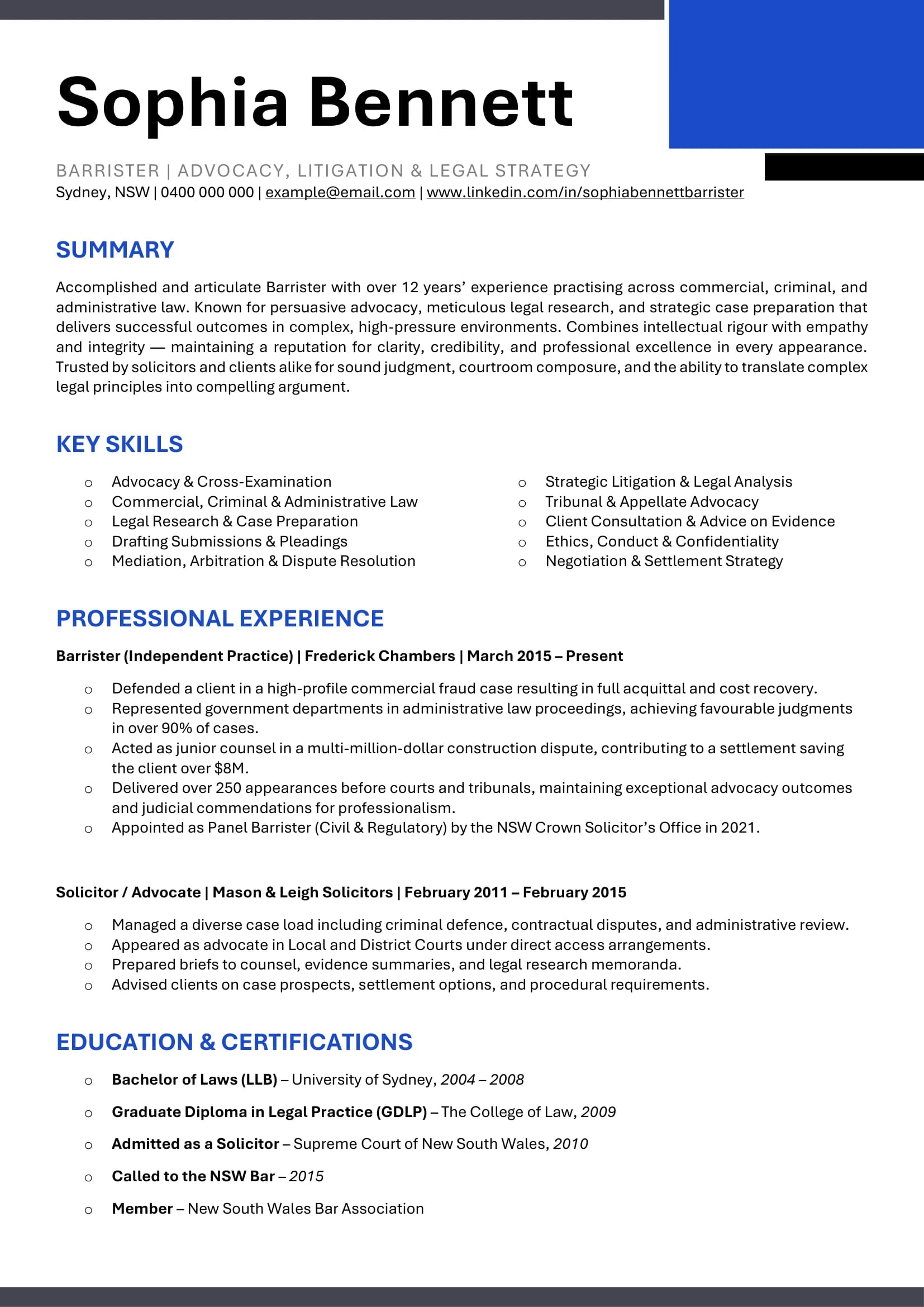 Barrister resume template displaying case highlights and legal expertise.