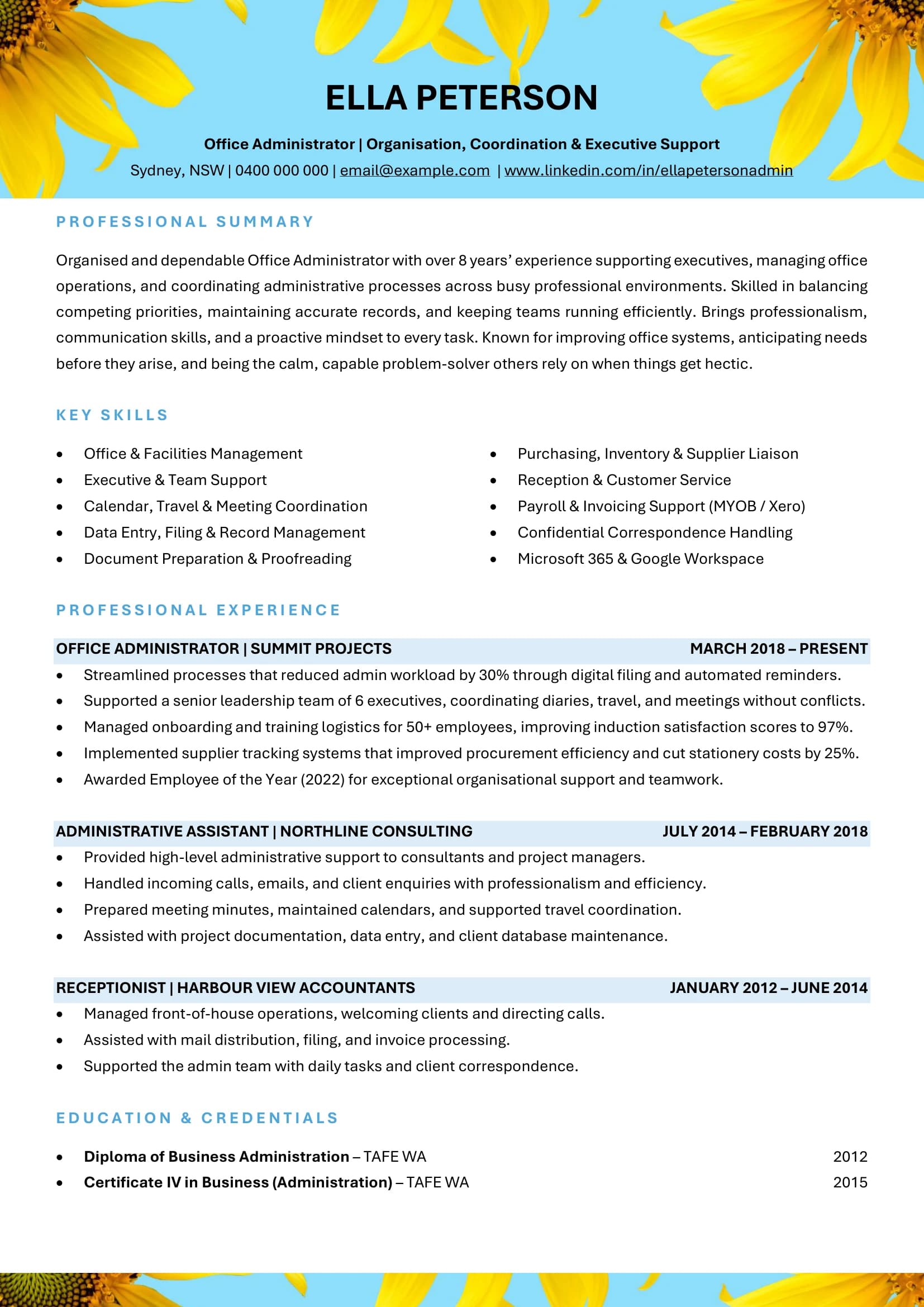 Office Administrator resume template with operations highlights.