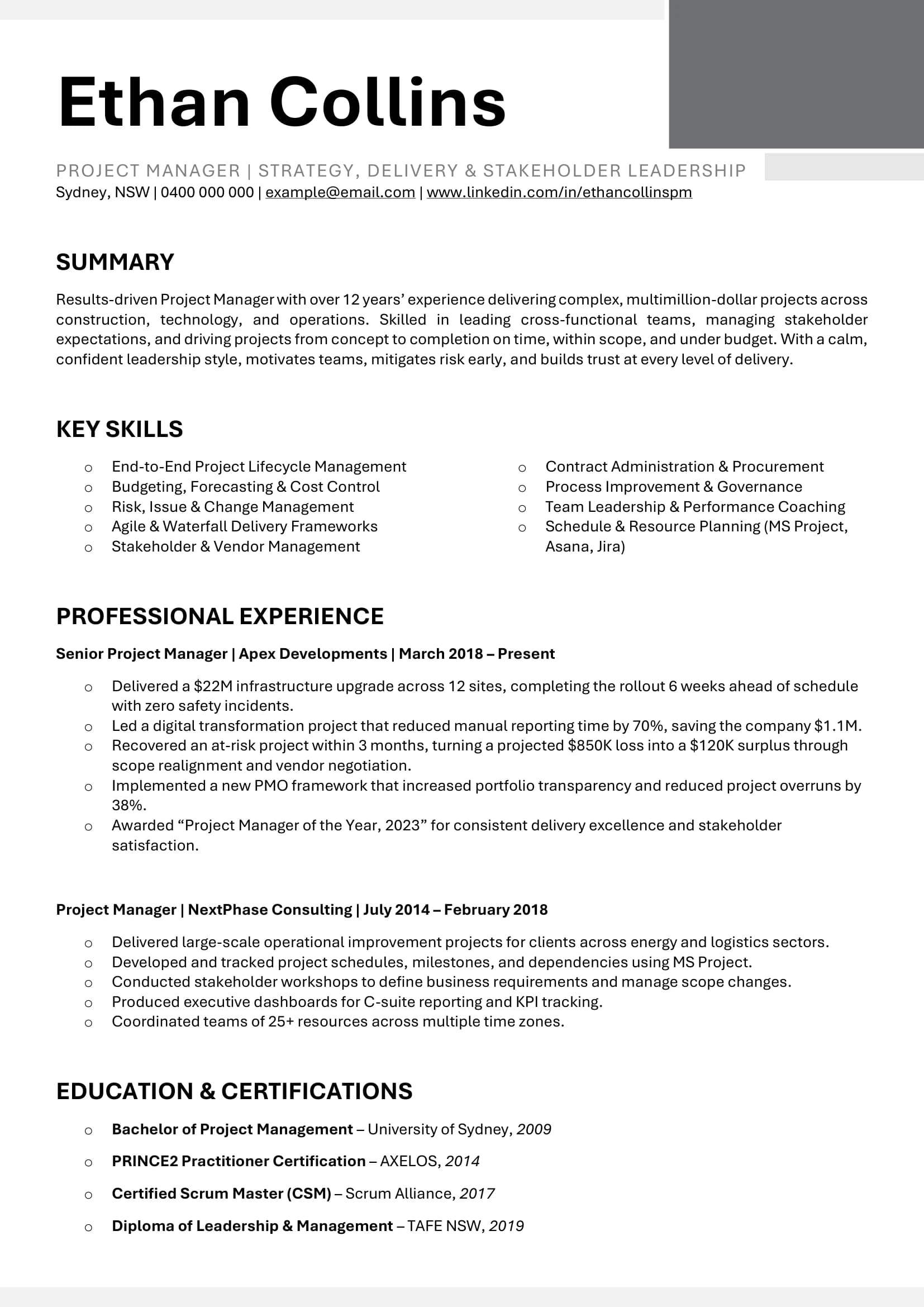 Project Manager resume template illustrating delivery milestones and governance.