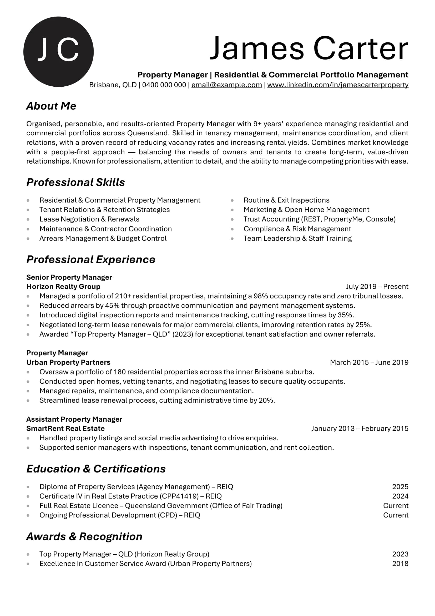 Property Manager resume template detailing portfolio metrics and compliance successes.