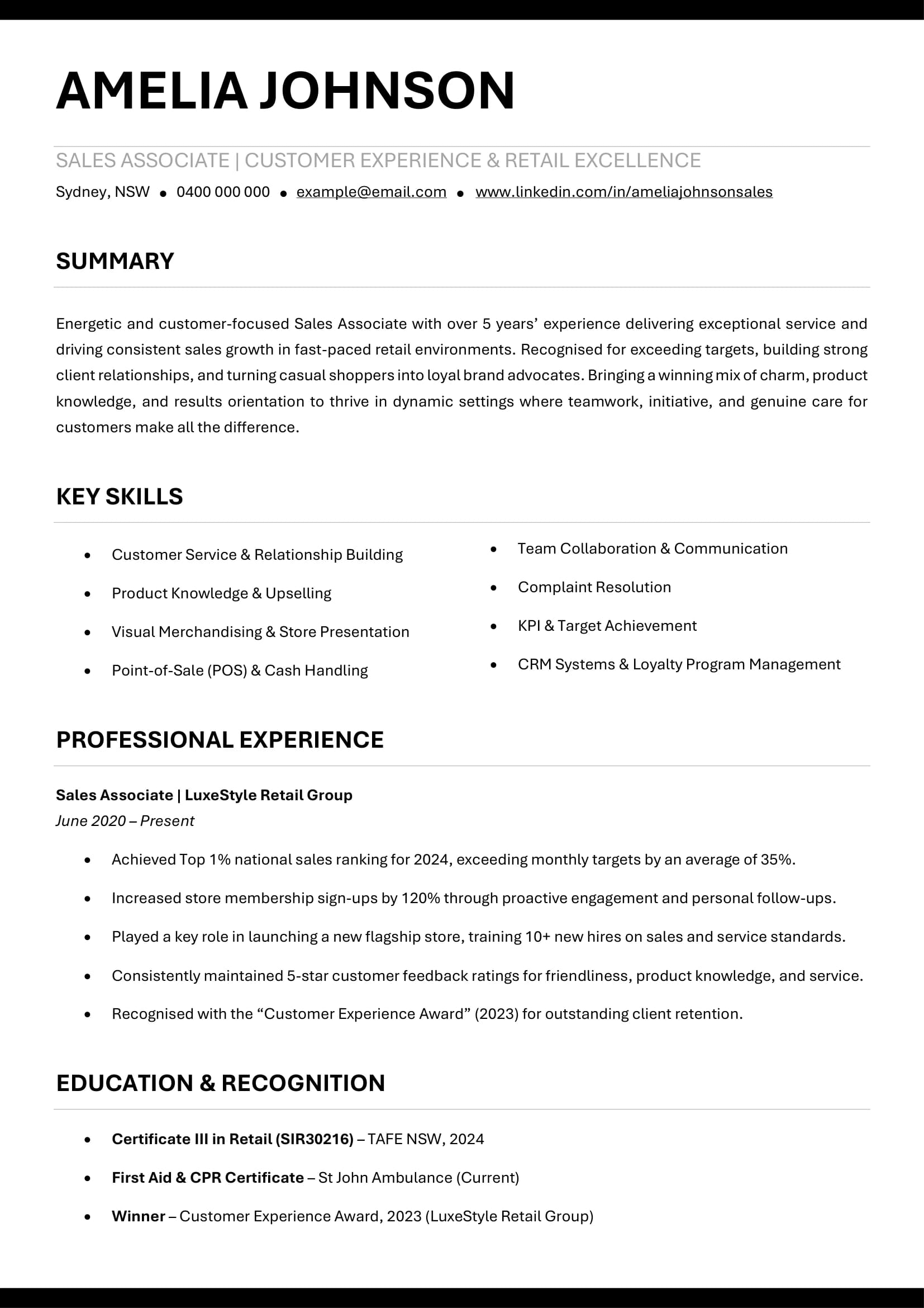 Sales Associate resume template with customer satisfaction and sales metrics.