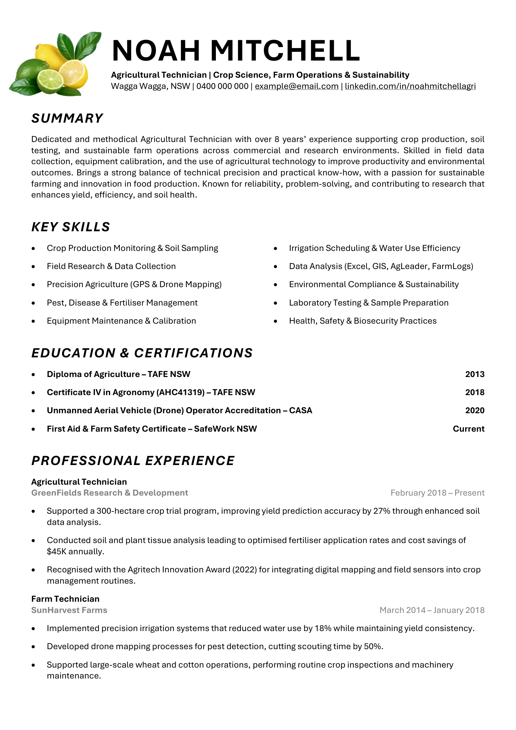 Agricultural Technician resume template outlining field trial achievements.