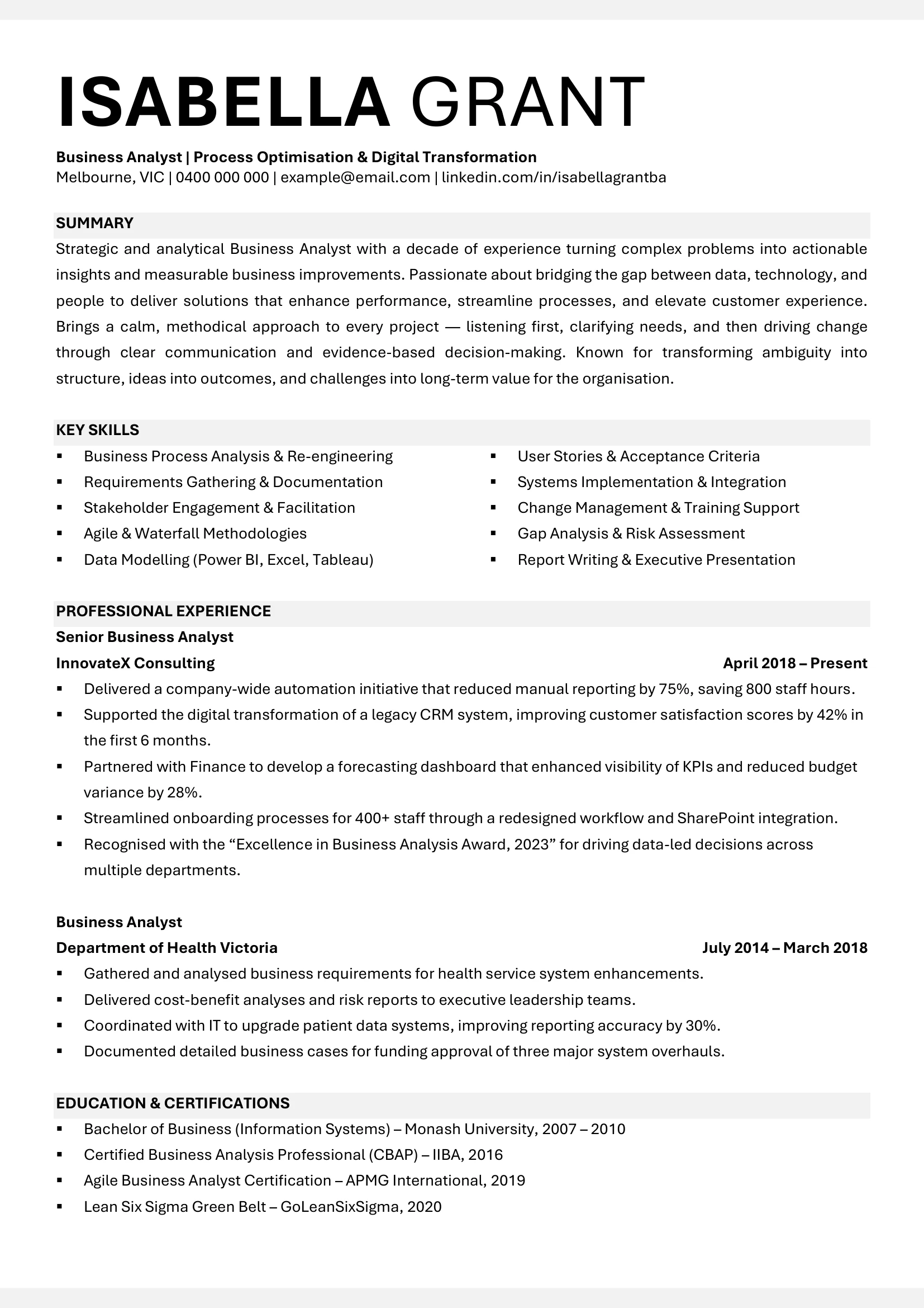 Business Analyst resume template with process improvement and insights sections.