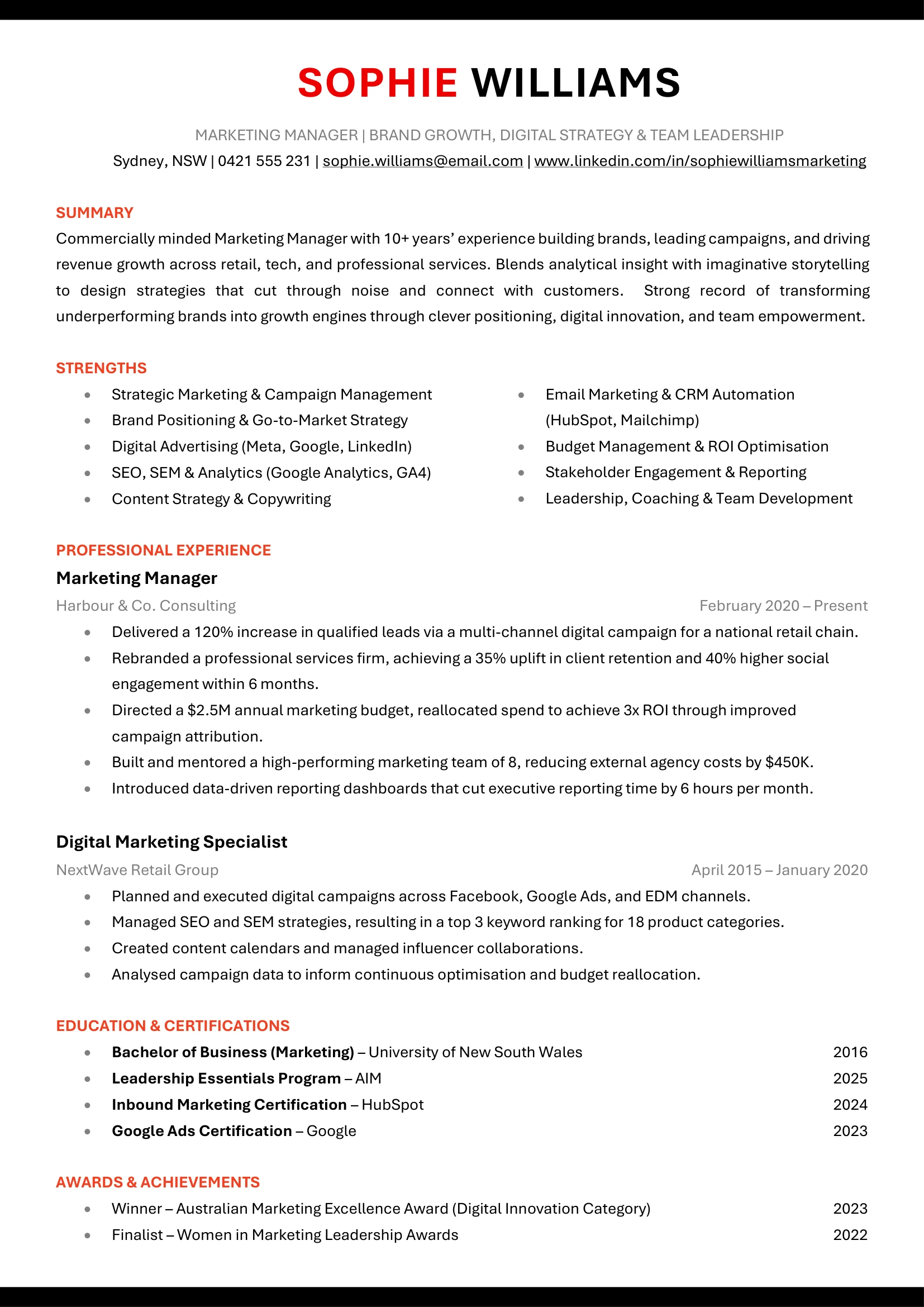 Marketing Manager resume template highlighting campaign analytics and leadership.
