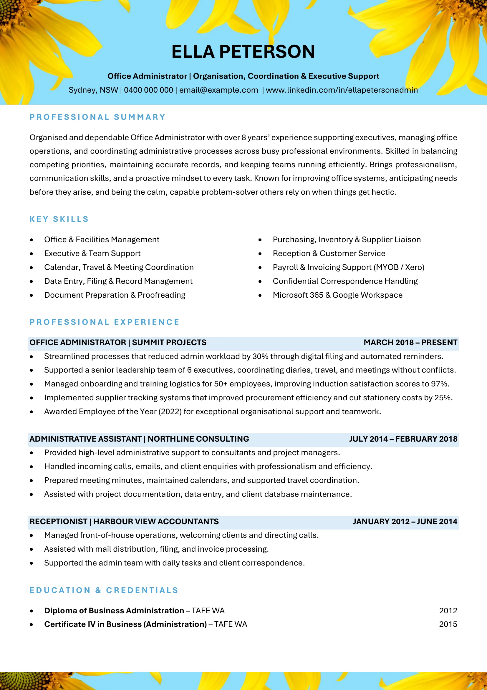 Office Administrator resume template with operations highlights.