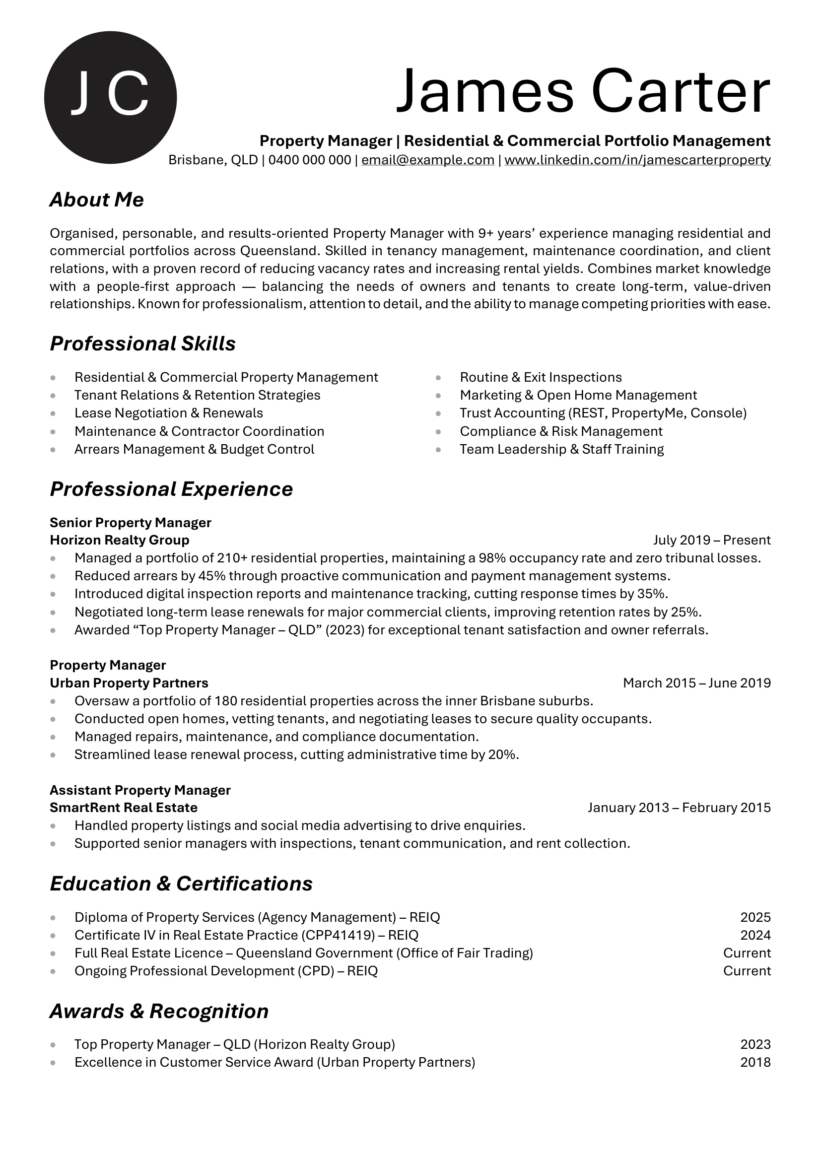 Property Manager resume template detailing portfolio metrics and compliance successes.