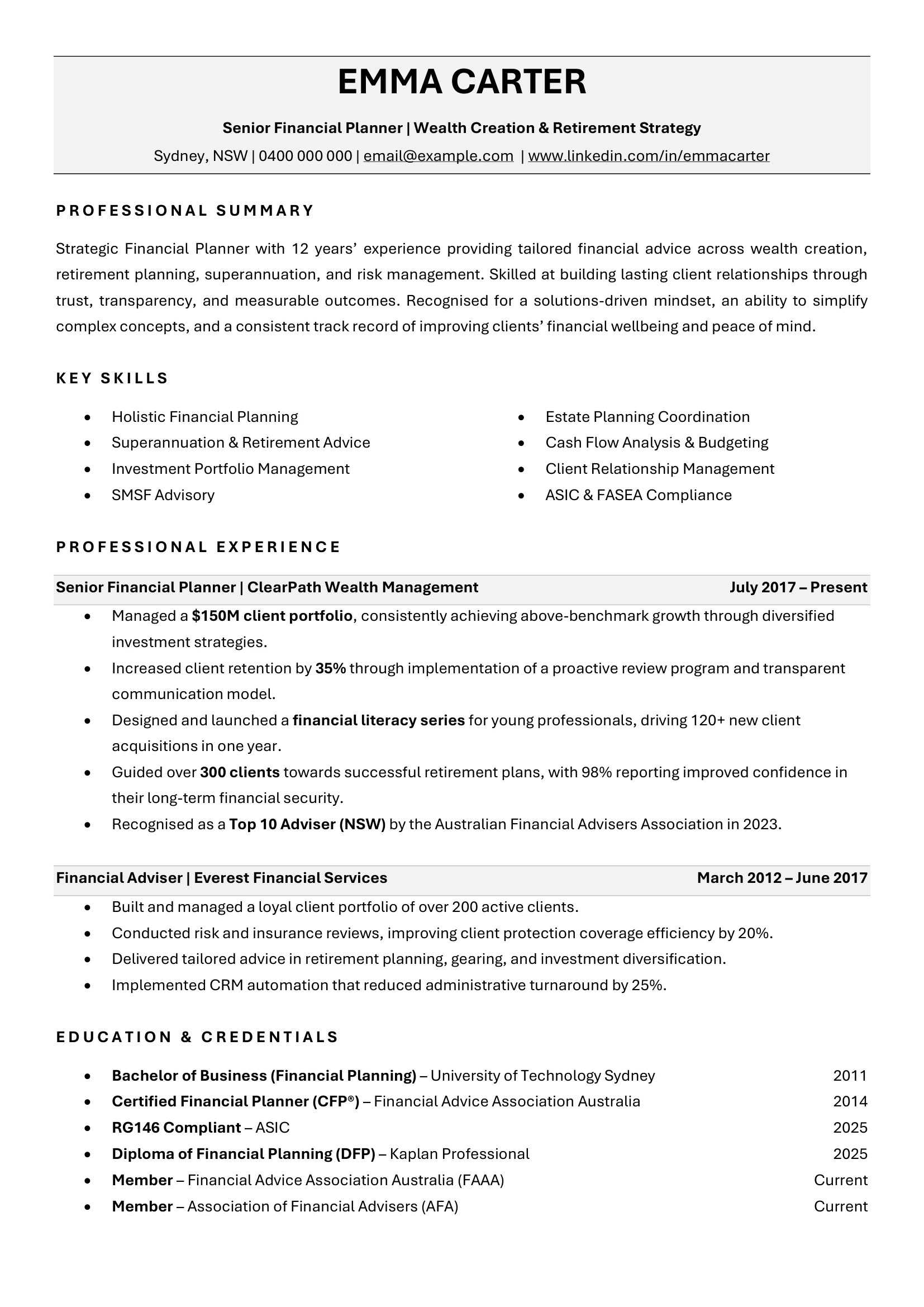 Senior Financial Planner resume template with client outcomes and compliance credentials.