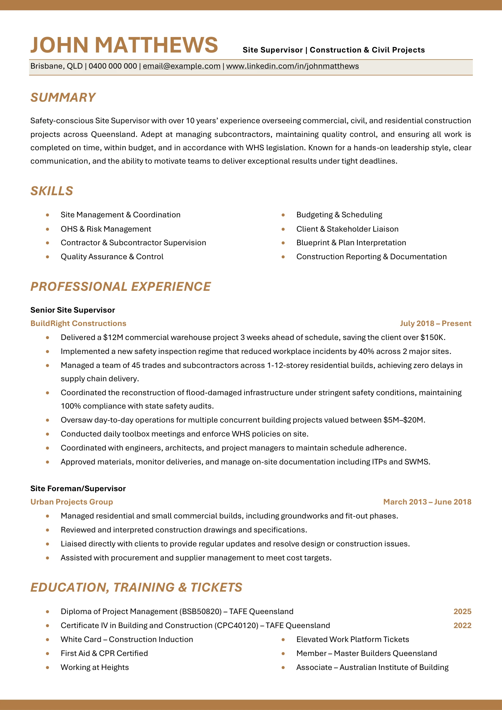 Site Supervisor resume template featuring construction leadership metrics.