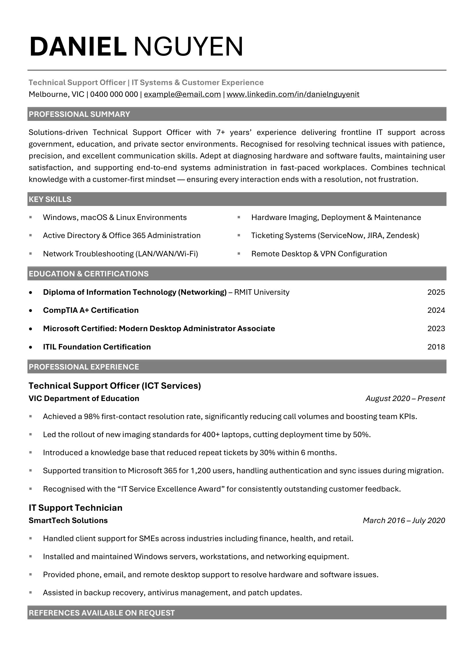 Technical Support Officer resume template showing troubleshooting and customer satisfaction metrics.